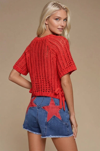 Red chunky knit crochet short sleeve crop sweater top with side tie detail