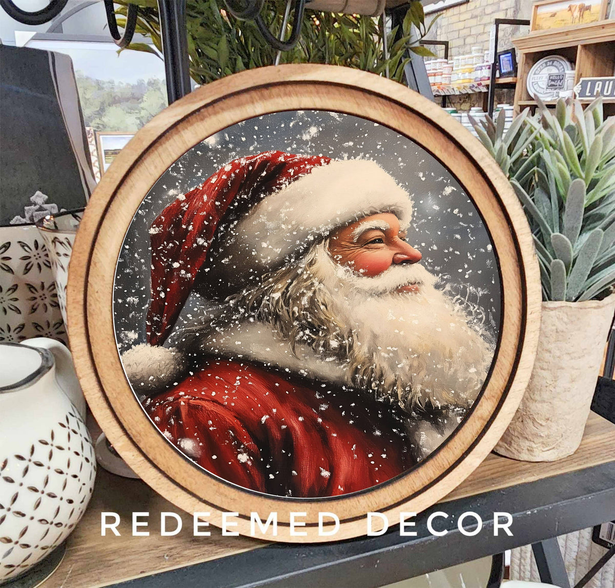 8-inch round Santa Claus canvas art in double-layered wood frame, snowy vintage style