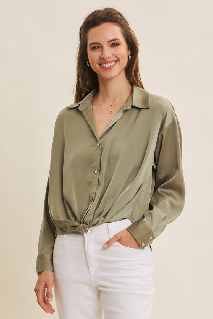 Button-Down Knotted Satin Shirt