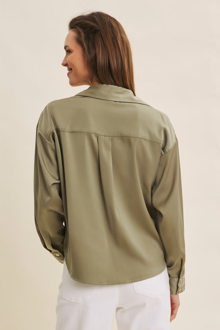 Button-Down Knotted Satin Shirt