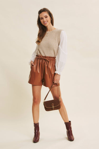 Round Neck Sweater Vest Top With Woven Puff Sleeves