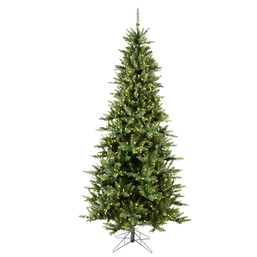 8.5ft slim artificial green fir Christmas tree with warm white LED lights and metal stand