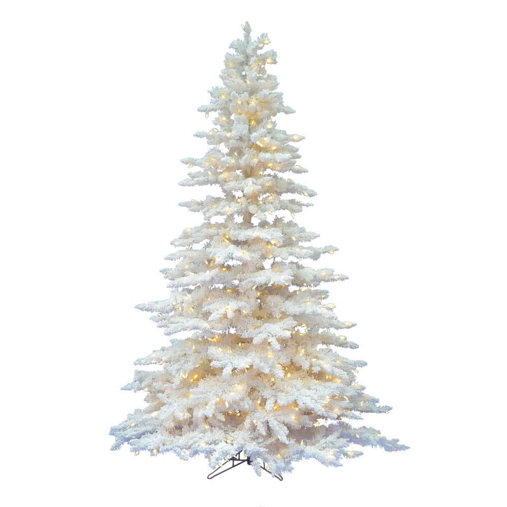 9-foot flocked white artificial spruce Christmas tree with warm white LED lights on metal stand