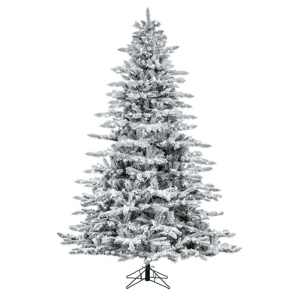 9-foot flocked artificial Christmas tree with white snow coating and metal stand