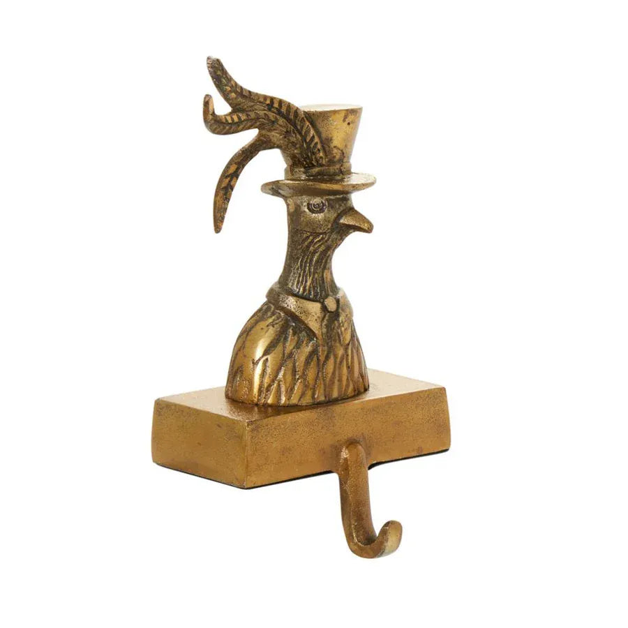 Gold brass pheasant stocking holder with top hat and feather on rectangular base with hook