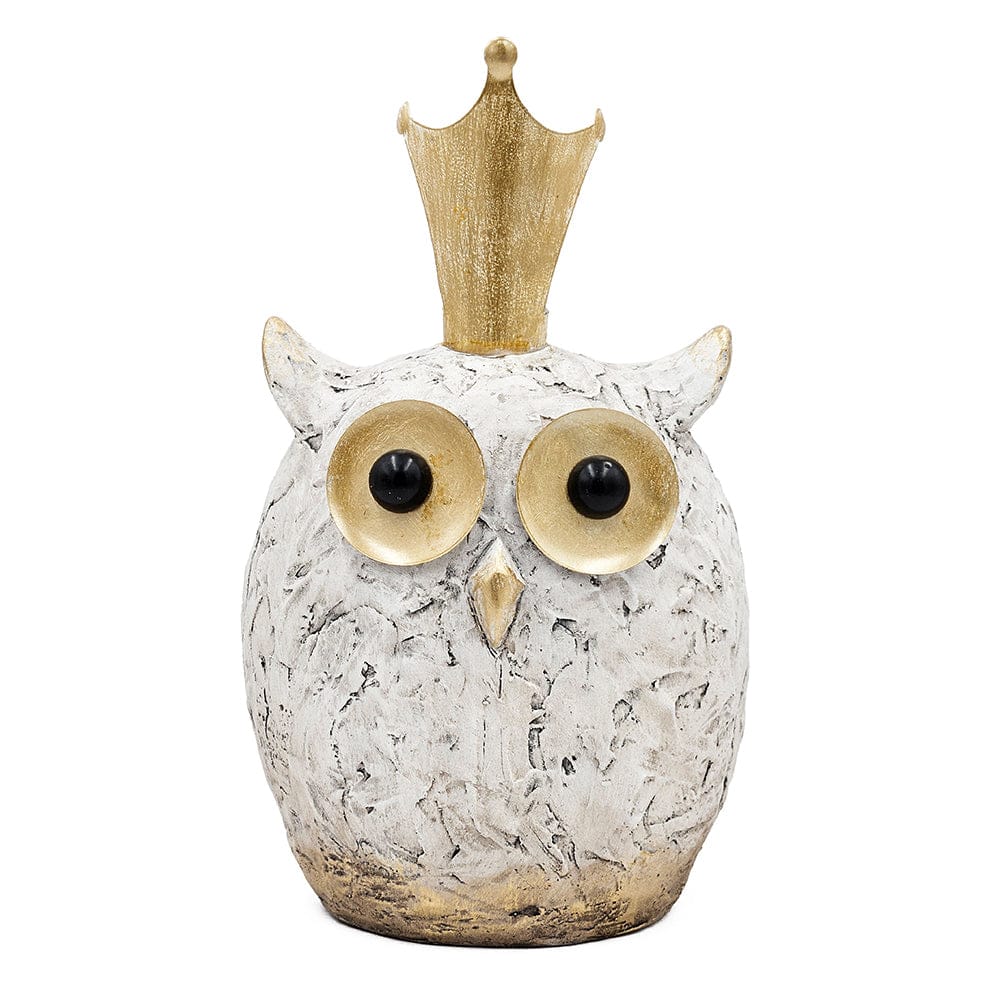 10.5x8.5x17.5" Textured White Magnesium Owl with Oversized Eyes and Gold Iron Crown