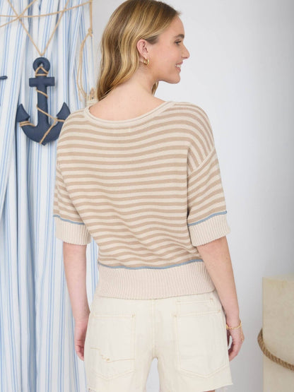 Stripe Raw Edge Detail Contrast Trim Sweater
