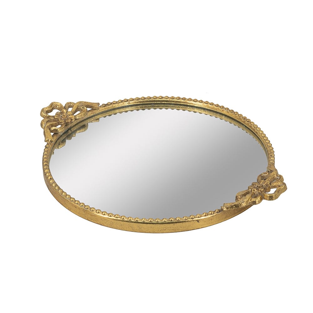 18x2x15" Round Iron Tray with Ornate Gold Frame and Mirrored Surface