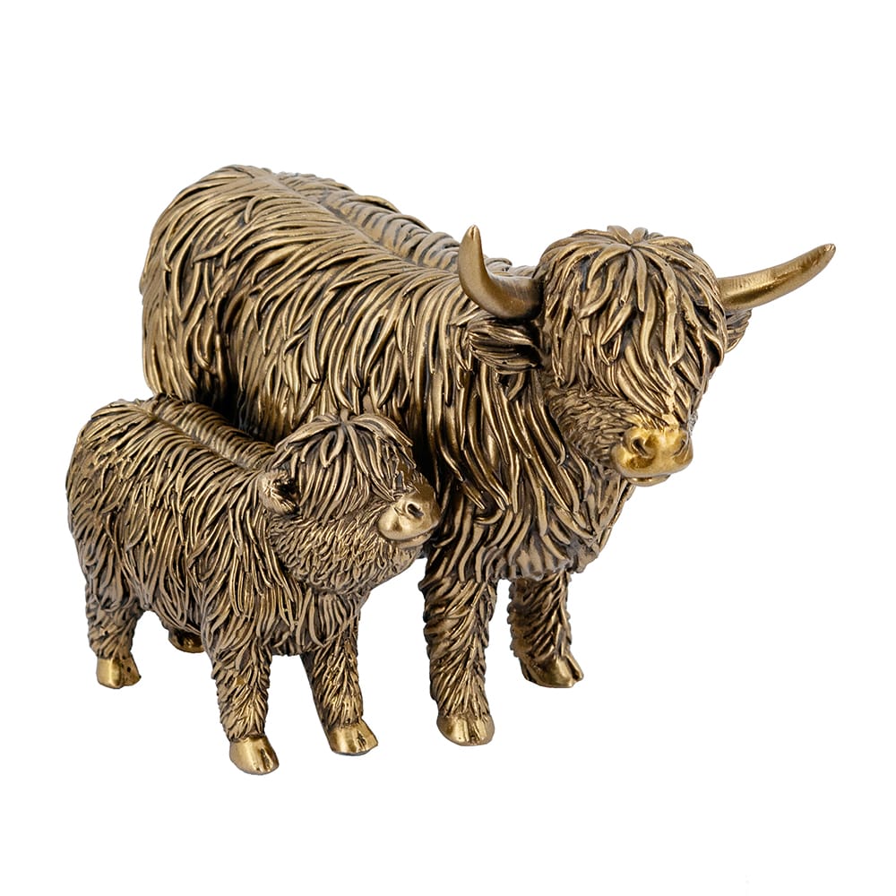Lifelike Polyresin Highland Cow and Calf Statue with Rich Bronze Finish
