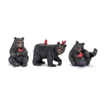 Set of three black bear figurines in various poses, each with a red cardinal bird