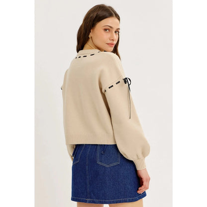 Satin Ribbon Oversized Crewneck Sweater with Balloon Sleeves