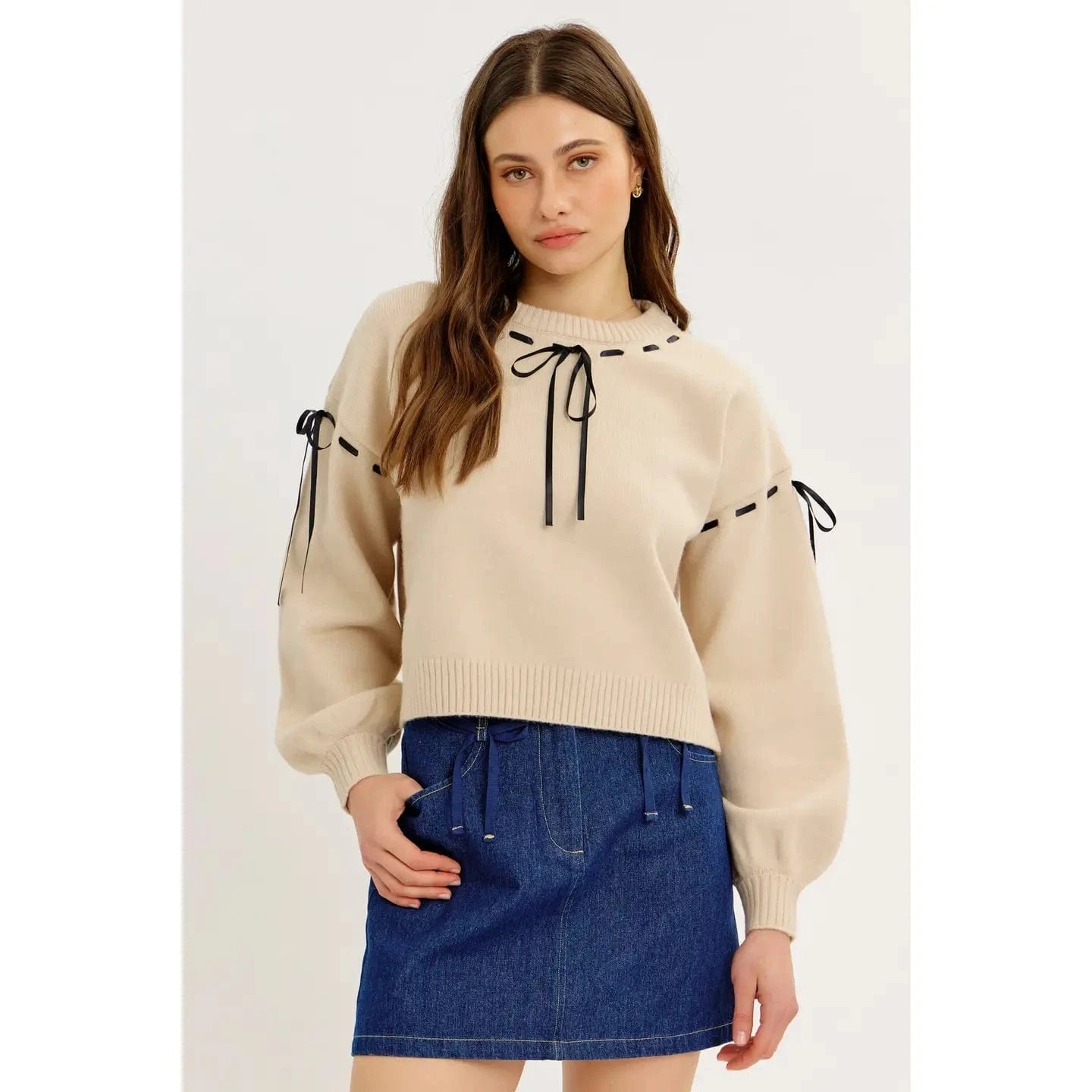 Satin Ribbon Oversized Crewneck Sweater with Balloon Sleeves