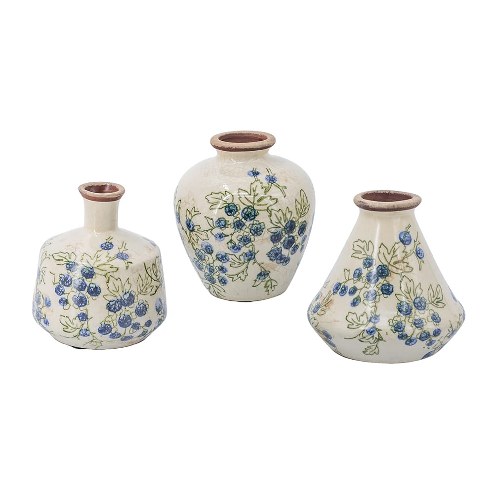 White Ceramic Bud Vases with Blueberry Motifs (3 Styles)