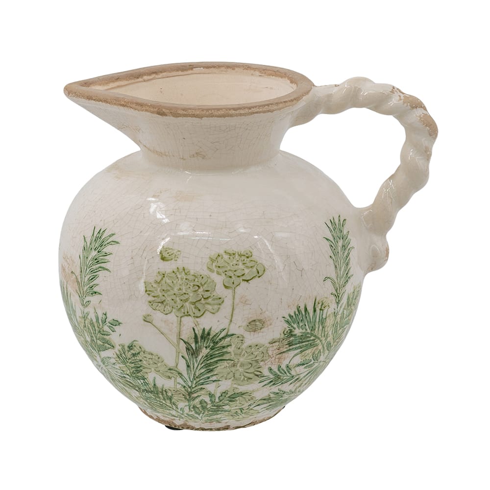 8x6.5x7.5" White Ceramic Pitcher Vase with Green Botanical Motifs and Twisted Handle