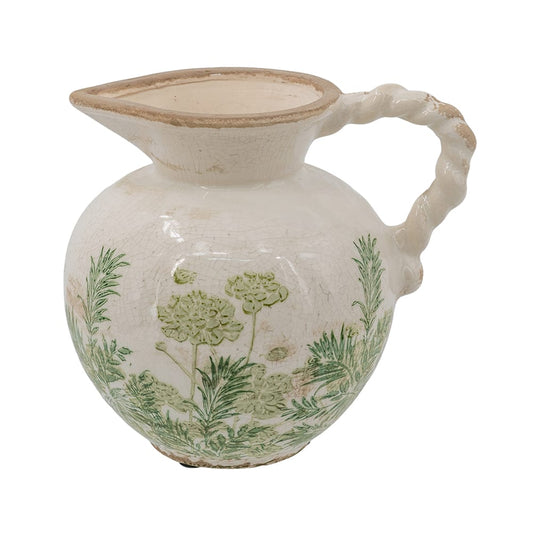 8x6.5x7.5" White Ceramic Pitcher Vase with Green Botanical Motifs and Twisted Handle