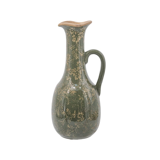 6x5x12" Ceramic Pitcher Vase with Olive Green Finish and Floral Motifs