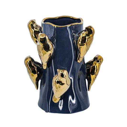 8.7x8.7x9.5" Blue Ceramic Tree Branch Vase with Gold Bird Accents