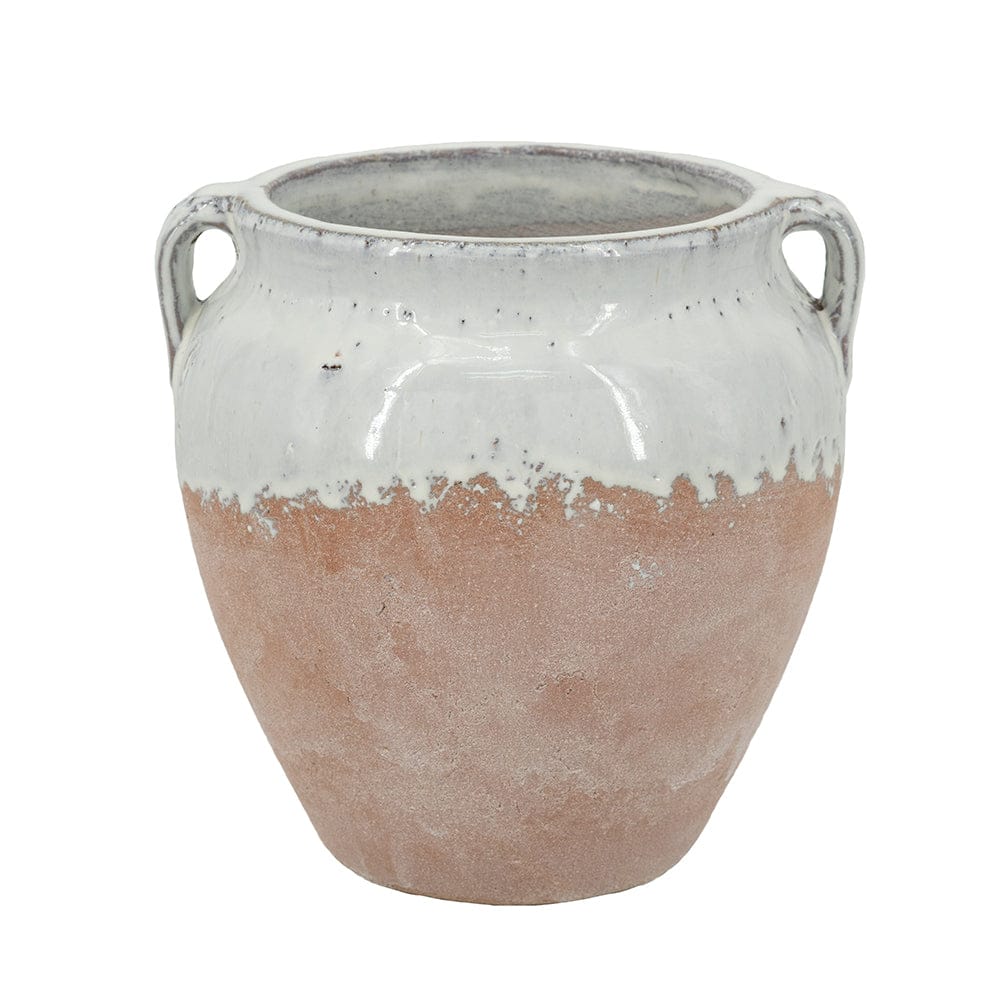 8x7.5x7.5" Round Terracotta Vase With Distressed White Tan Finish