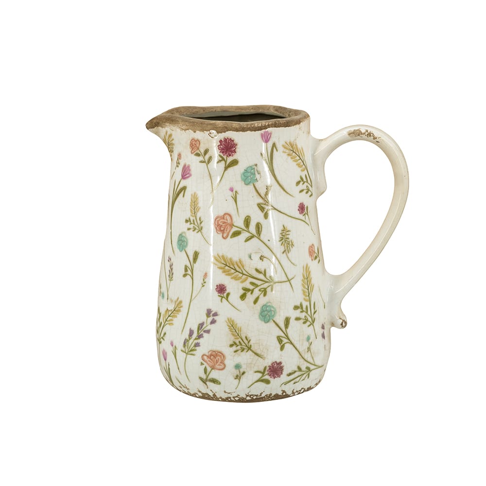 6.5x4.5x7" Round Ceramic Pitcher Vase with Multi-Colored Floral Motifs