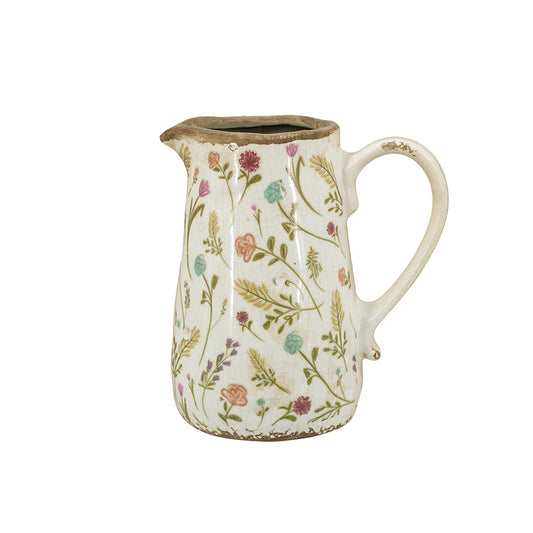 6.5x4.5x7" Round Ceramic Pitcher Vase with Multi-Colored Floral Motifs