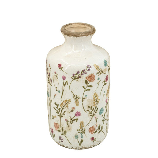 Ceramic Cylinder Vase with Multi-Colored Floral Motifs