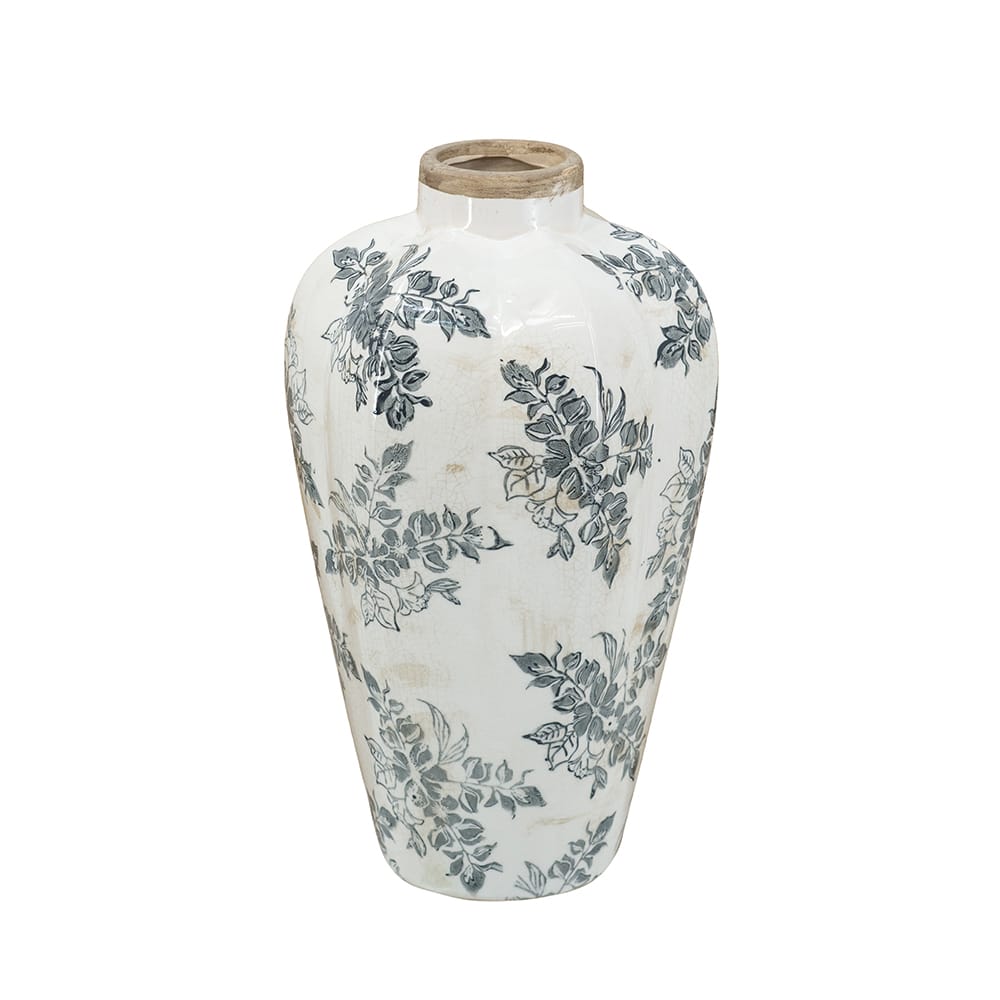 8x8x13.5" White Ceramic Accent Vase with Gray Floral Design
