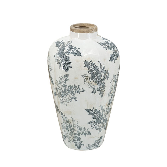 8x8x13.5" White Ceramic Accent Vase with Gray Floral Design