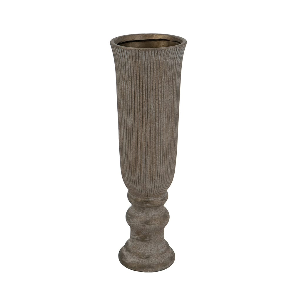 Terracotta Pedestal Vase with Bronze Ridged Design