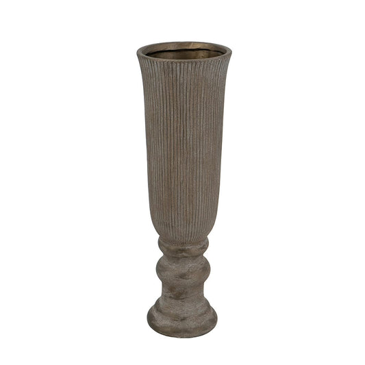 Terracotta Pedestal Vase with Bronze Ridged Design