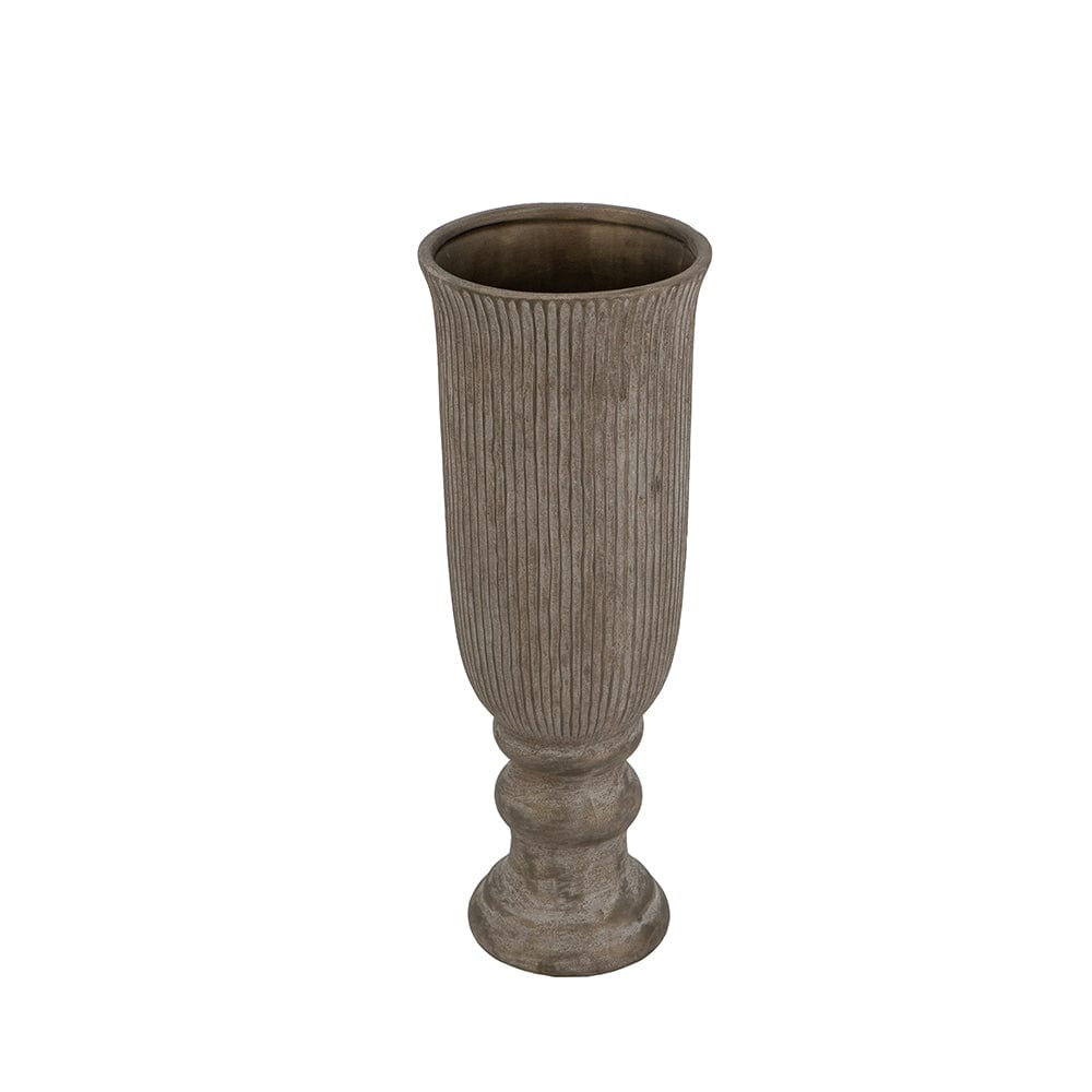 6x6x16.3" Terracotta Pedestal Vase with Bronze Ridged Design
