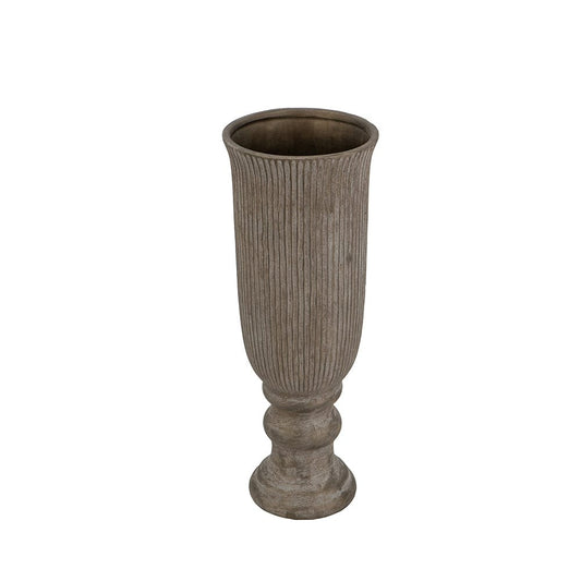 6x6x16.3" Terracotta Pedestal Vase with Bronze Ridged Design