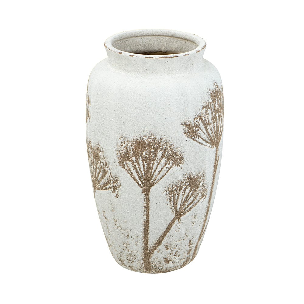 8x8x13.5" White Ceramic Cylinder Vase with Brown Botanical Design