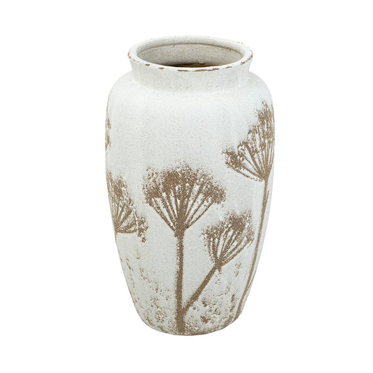 8x8x13.5" White Ceramic Cylinder Vase with Brown Botanical Design