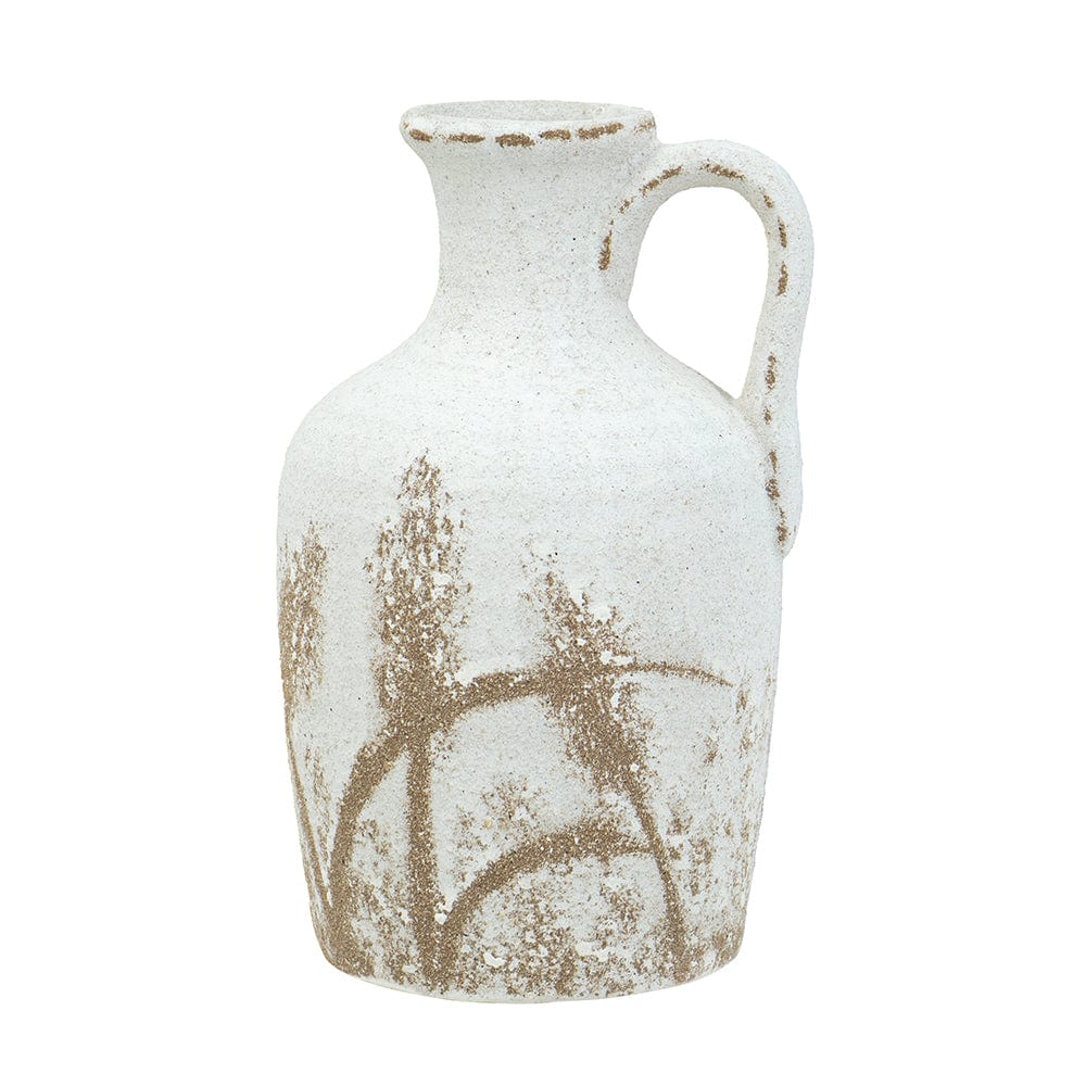 6.5x6x10" Ceramic Pitcher Vase with Aged White Finish and Brown Grass Patterns
