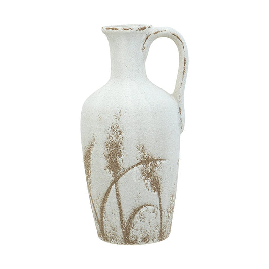 6.5x6x13.5" Ceramic Pitcher Vase with Aged White Finish and Brown Grass Patterns