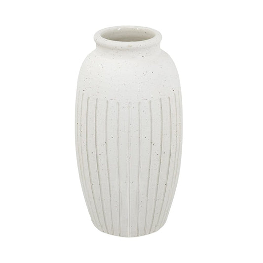 Hand-Pulled Ceramic Vase with Ribbed Texture and Speckled White Finish