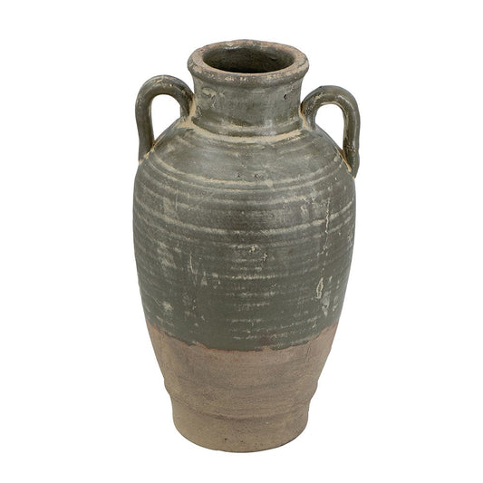 8.5x8.5x15.5" Terracotta Amphora Vase with Aged Green Finish