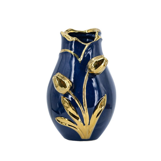 7.5x7.5x11" Navy Blue Ceramic Vase with Gold Tulip Design