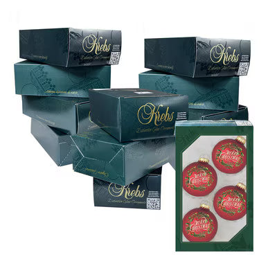 Krebs red velvet Christmas ball ornaments with Merry Christmas wreath design, 4-pack