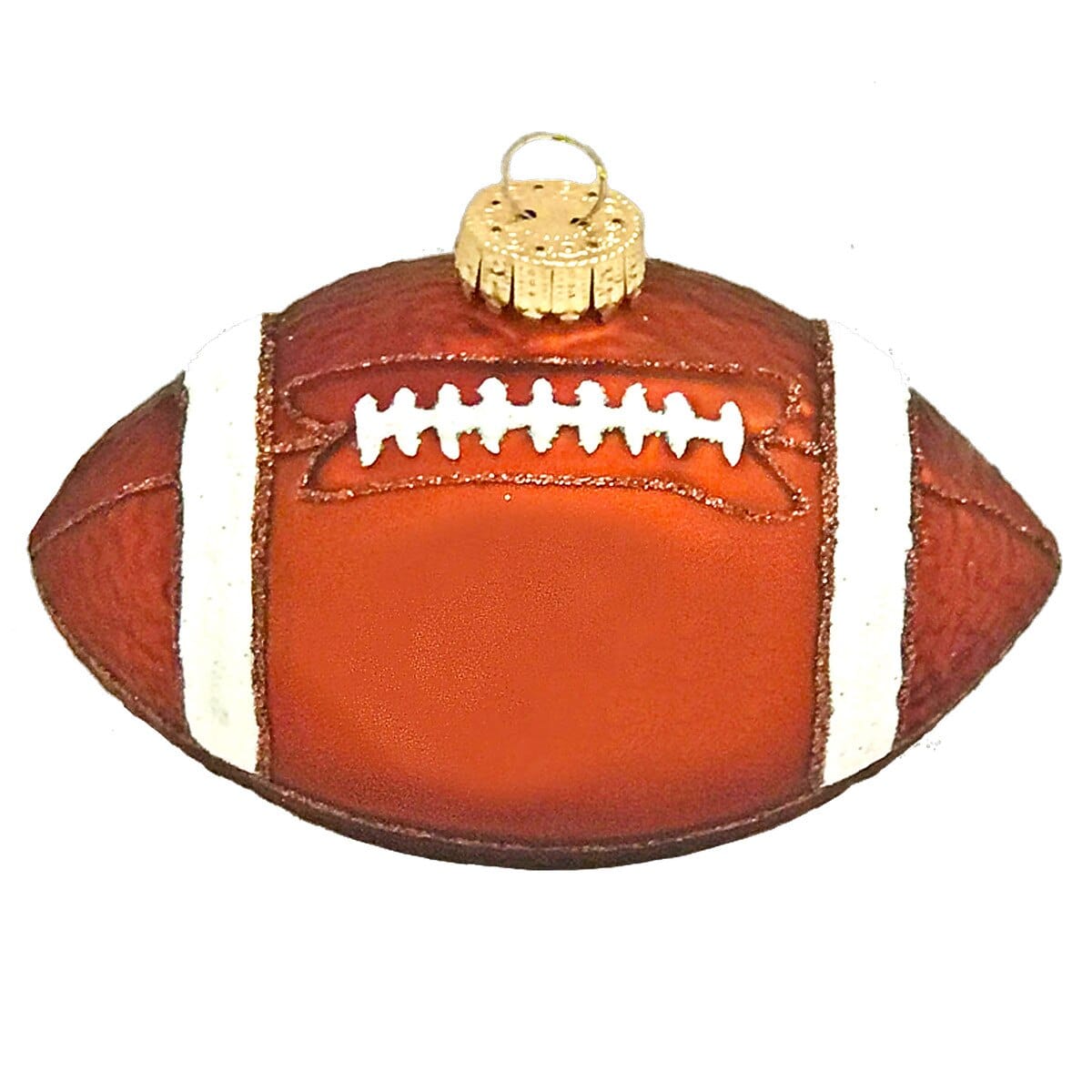 Glass football Christmas ornament with white laces and gold hanging cap