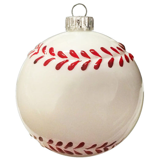White glass baseball Christmas ornament with red stitching and silver cap