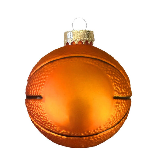 Glass basketball Christmas ornament with gold cap and wire hanger, orange with black seams