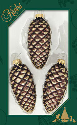Three brown velvet glass pinecone ornaments with gold caps in display box