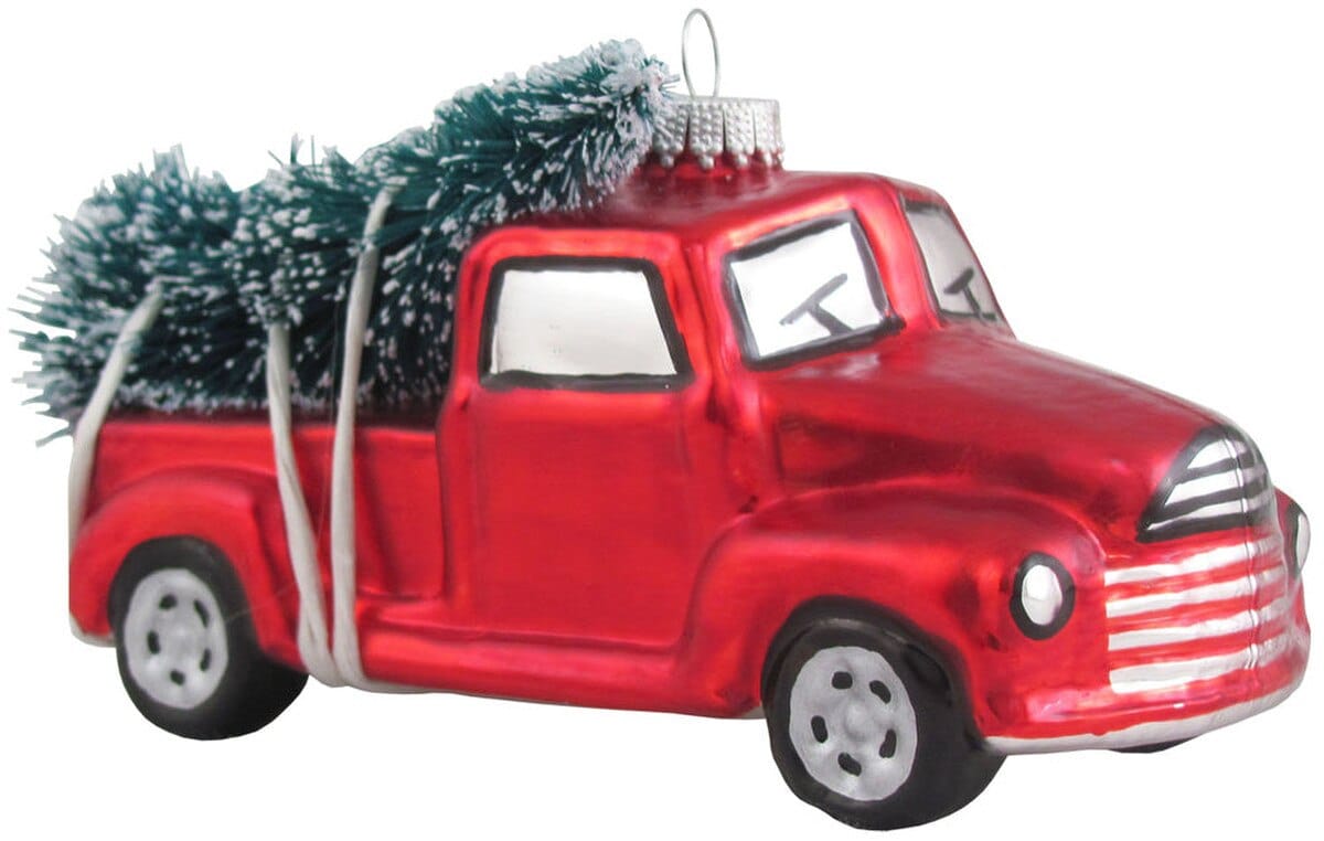 Red vintage pickup truck glass ornament with frosted Christmas tree in bed