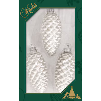 Three white glass pinecone ornaments with silver caps in green Krebs gift box