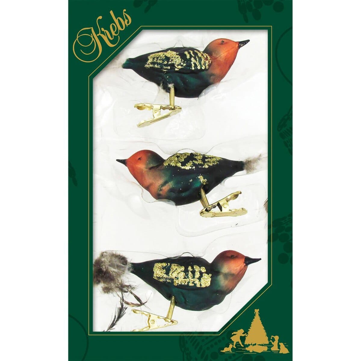 Set of 3 green and rust clip-on decorative bird ornaments with gold glitter accents
