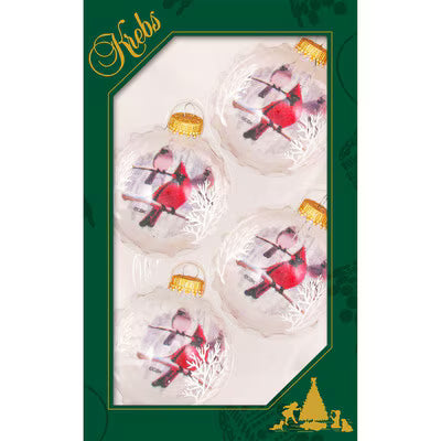 Set of 4 clear glass ball ornaments with red cardinal bird reverse print design