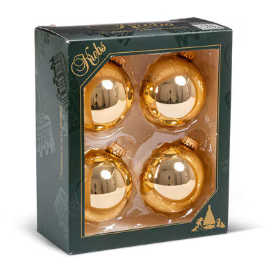 Four shiny gold glass Christmas ornaments with gold caps in green Krebs gift box
