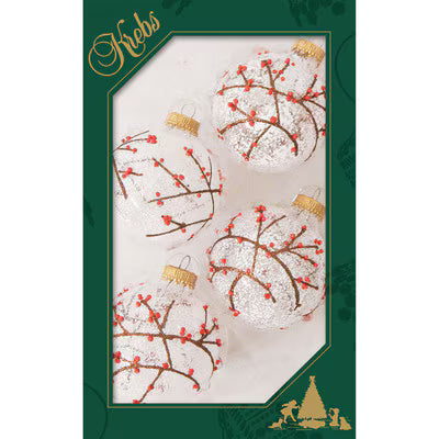 4 PC Clear with Branches and Berries 2 5/8" (67mm) Glass Ball. Gold Cap.
