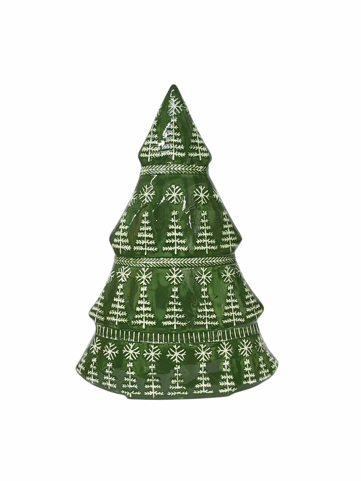 Ceramic green Christmas tree figurine with white snowflake and tree pattern, tiered design, front view